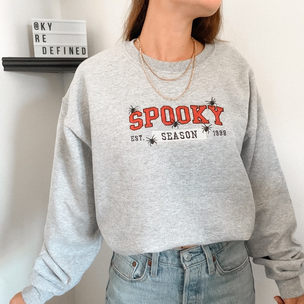 Custom Embroidered Spooky Season Spiders Halloween Grey Unisex Crewneck